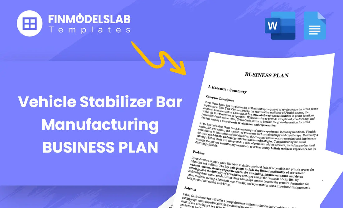 Vehicle Stabilizer Bar Manufacturing Business Plan - a business plan template built for entrepreneurs and manufacturers, with pre-written content, investor-ready formatting, customizable in Word; saves time and meets lender/investor standards.