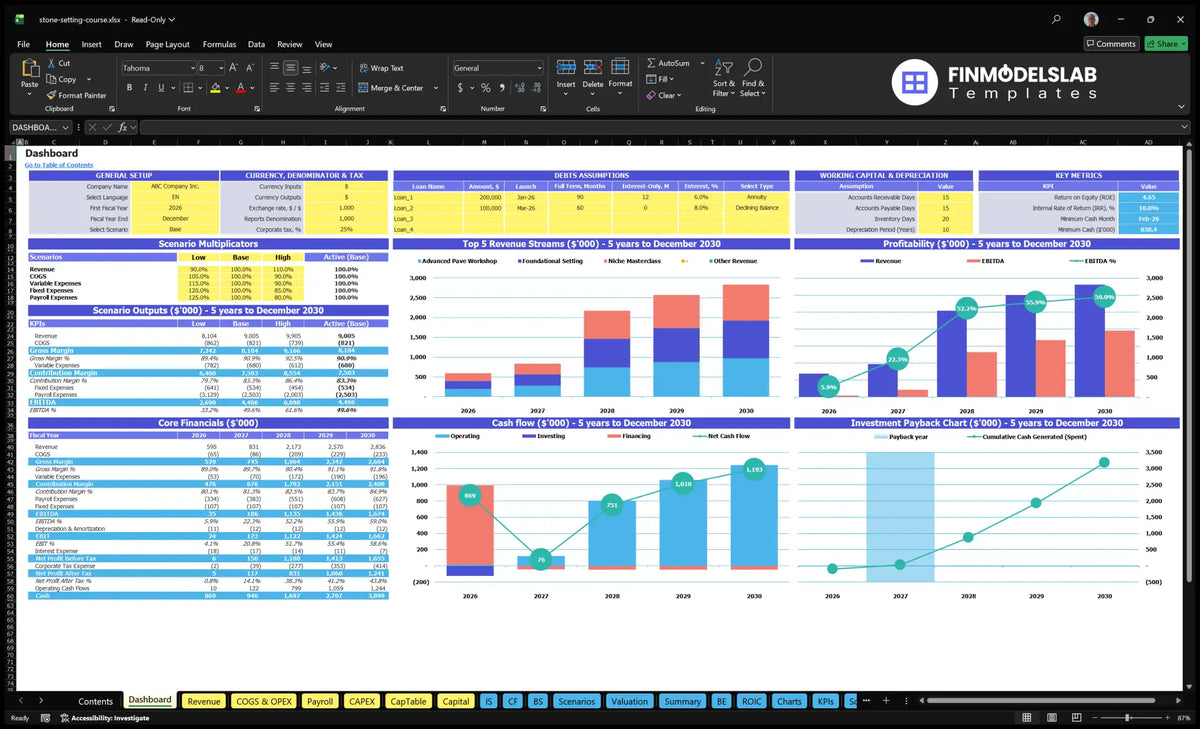 Set-up table with configuration mechanisms, scenario multipliers, KPI outputs, basic finances, revenue mix, profitability, cash flow and return charts