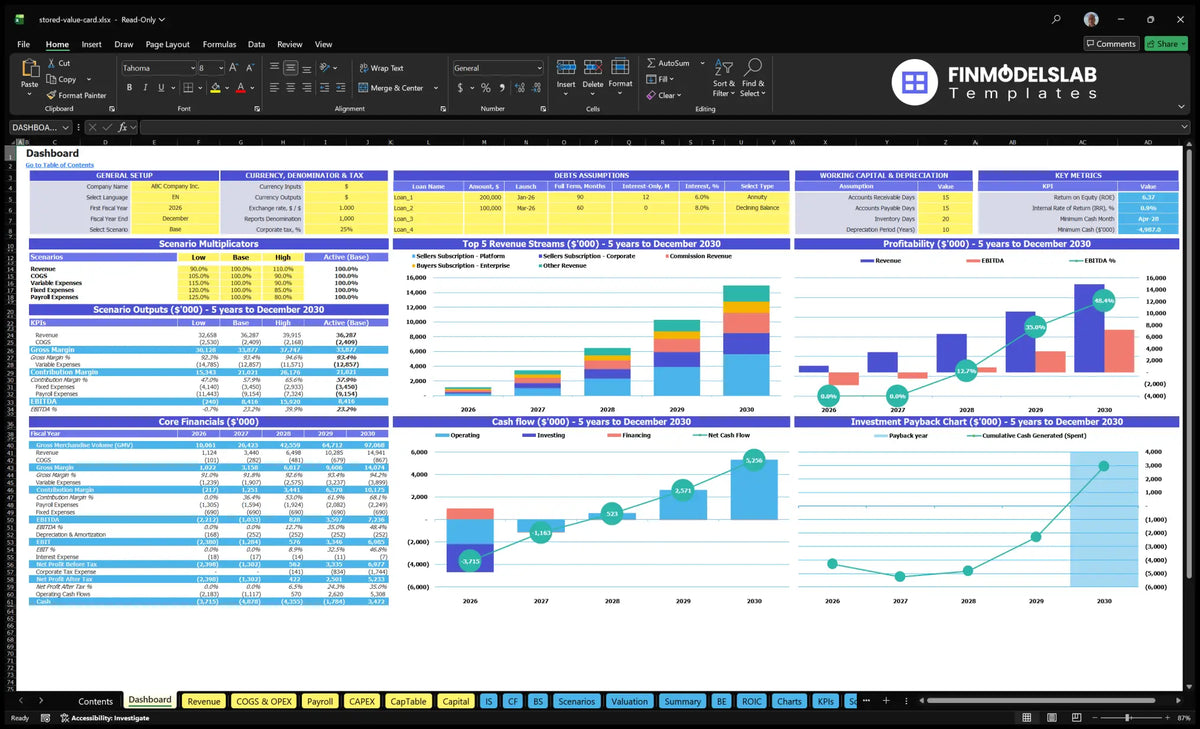 Data table for the Storage Value Charter Financial model showing general configuration, scenario multipliers, KPIs, basic finance, revenue mix, profitability, cash flow and return charts