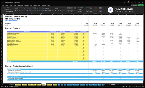 Street Taco Stand Financial Model capex inputs listing startup and ongoing capital expenditures, letting users customize equipment, build-out, and asset schedules for scenario-ready funding and planning.
