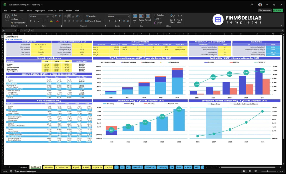 A worksheet of the navigation desktop showing model settings, scenario multipliers, basic finances, revenue streams, profitability, cash flow, return on investment and key metrics.