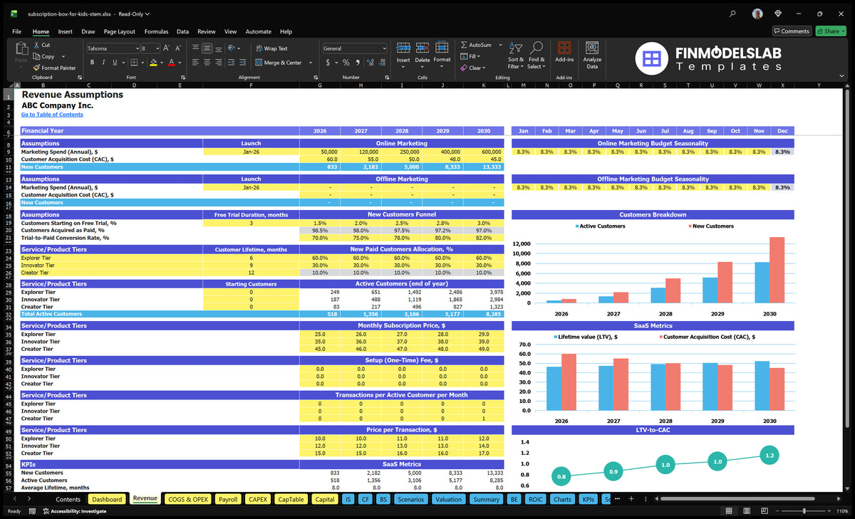 Revenue Establishment of a worksheet showing marketing expenditure, CAC, trial conversion, customer levels, active subscribers, prices, configuration fees and transactions