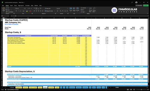 Suicide Prevention Training Program Financial Model capex inputs showing capital expenditure categories and timelines, letting users customize startup equipment, software, facilities and investment schedules for accurate funding and planning.
