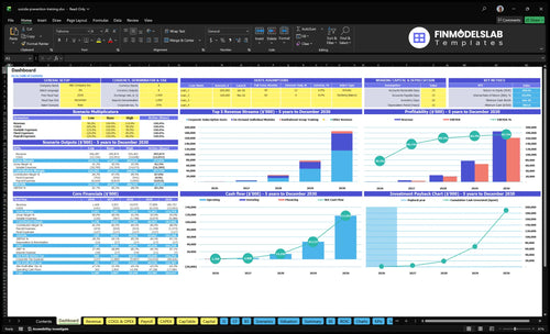 Suicide Prevention Training Program financial model dashboard summarizes key KPIs, runway and cash position with a dynamic dashboard, highlighting program performance and investor-ready visuals.
