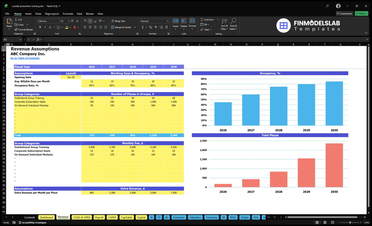 Revenues Establishing a worksheet for a suicide prevention training program A financial model showing the time of launch, placement, places by group, monthly fees and additional revenue.