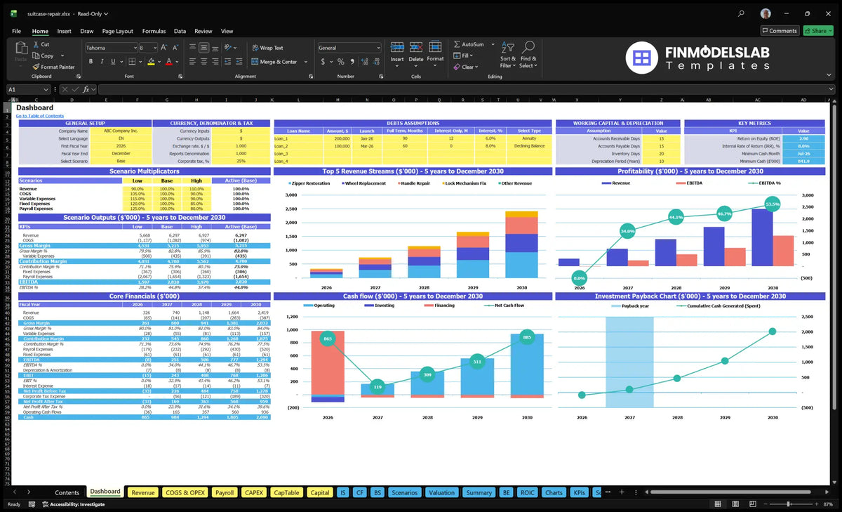 A worksheet of the navigation desktop showing general settings, multipliers and scenario results, key metrics, basic finance, top revenue streams, profitability, cash flow and return charts.