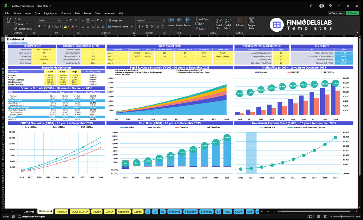 A navigational desktop worksheet showing general settings, scenario multipliers, scenario results, revenue mix, profitability, cash flow, EBITDA scenarios and return on investment charts.