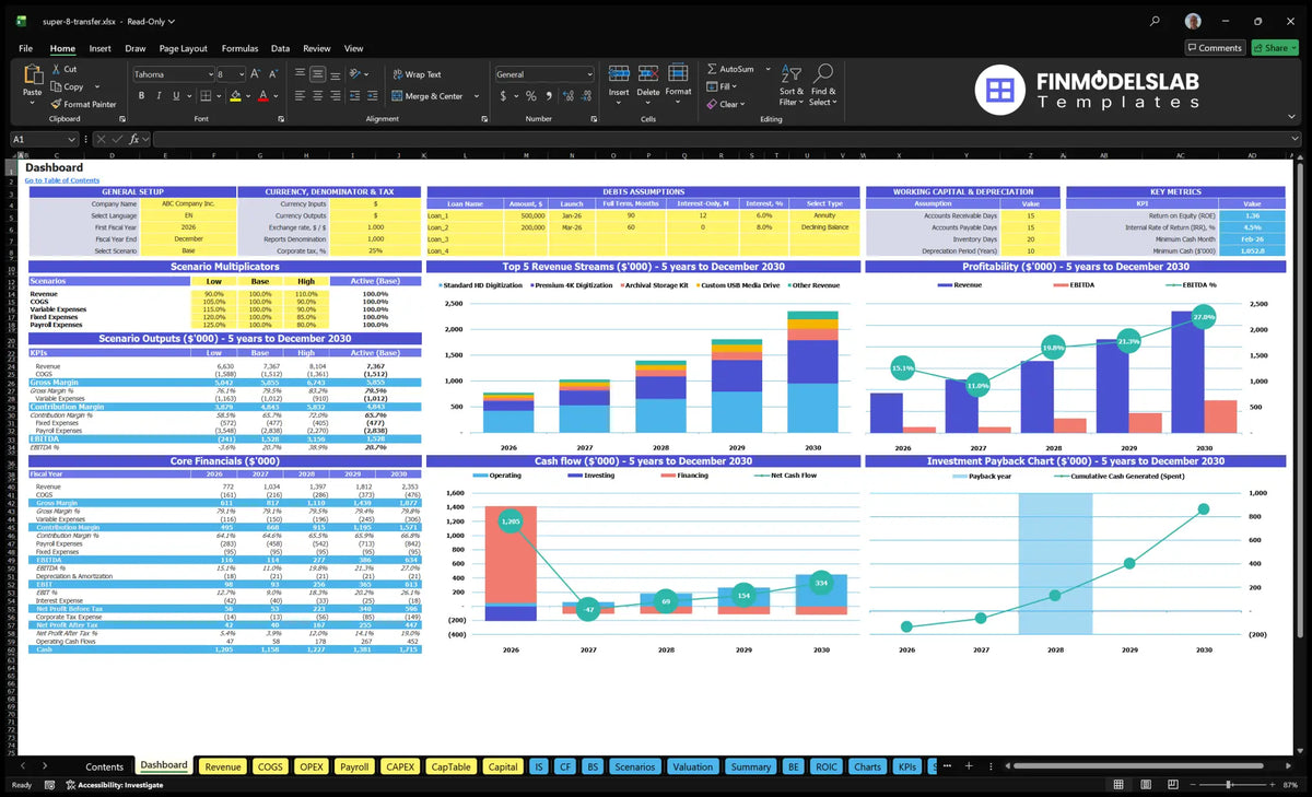 Dashboard with model configuration, scenario multipliers, financial KPIs, revenue mix, profitability, cash flow and return charts