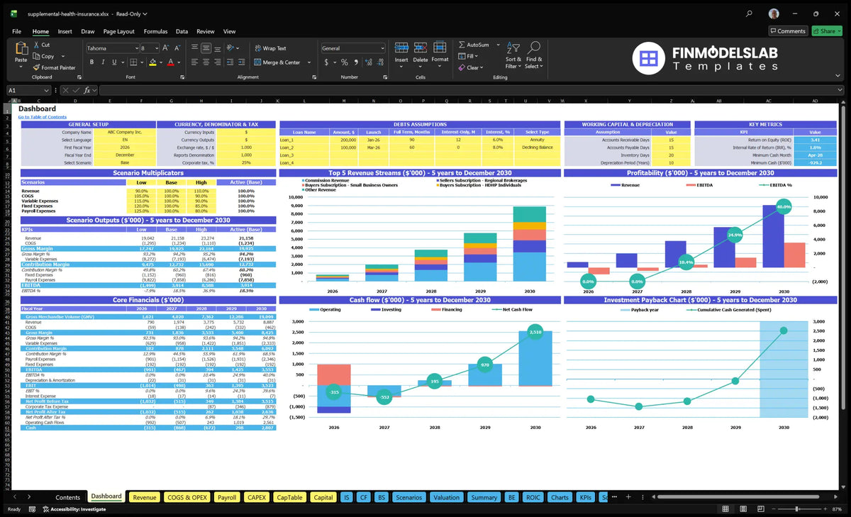Table with data showing overall model settings, scenario multipliers, KPIs, top revenue streams, profitability, basic finances, cash flow and return on investment.