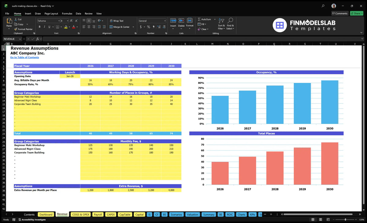 Income Sheet for Sushi Making Financial Classes Model showing the time of launch, occupancy, places by class group, monthly fees and additional revenue.