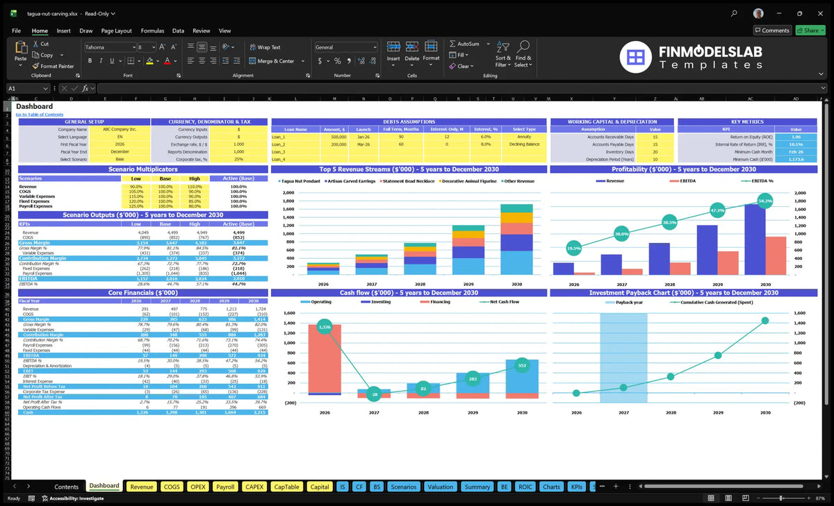 Tagua Nut Carving Artisan Dashboard shows configuration controls, debt and working capital assumptions, scenario results, basic finances, revenue mix, profitability, cash flow and return.