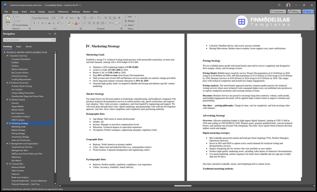 Technical Writing Business Plan Template (Word)
