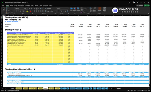 Telecommunications Infrastructure Financial Model capex inputs, listing capital expenditure categories and timelines to customize equipment, tower, fiber and installation costs for accurate funding and build schedules, fully customizable