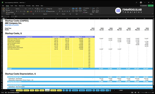 Tissue Engineering Scaffold Manufacturing Financial Model capex inputs - detailed capital expenditure sheet letting users customize equipment, facility, tooling and startup investments; fully customizable for scenario-ready projections and investor-ready clarity.