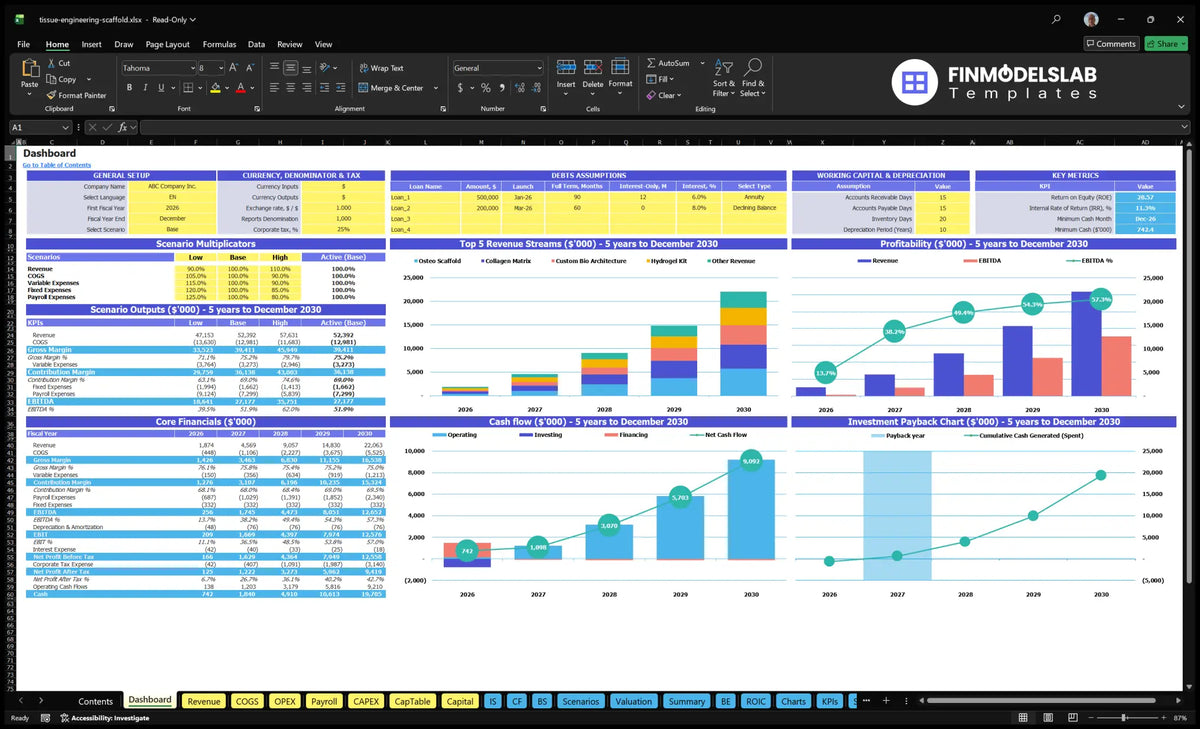 Dashboard for the financial model of tissue production, showing settings, scenarios, financial indicators, revenue mix, cash flow and return