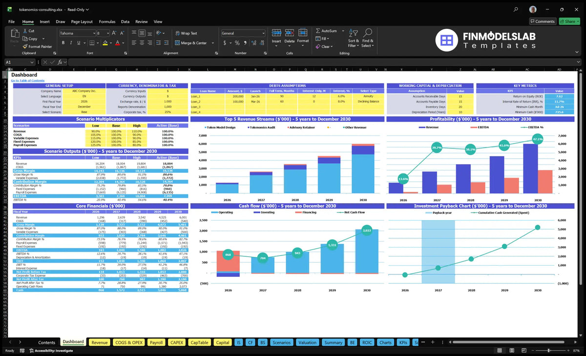 Tokenomis Consulting Service Dashboard with model control, financial measures, revenue charts, cash flow and returns views