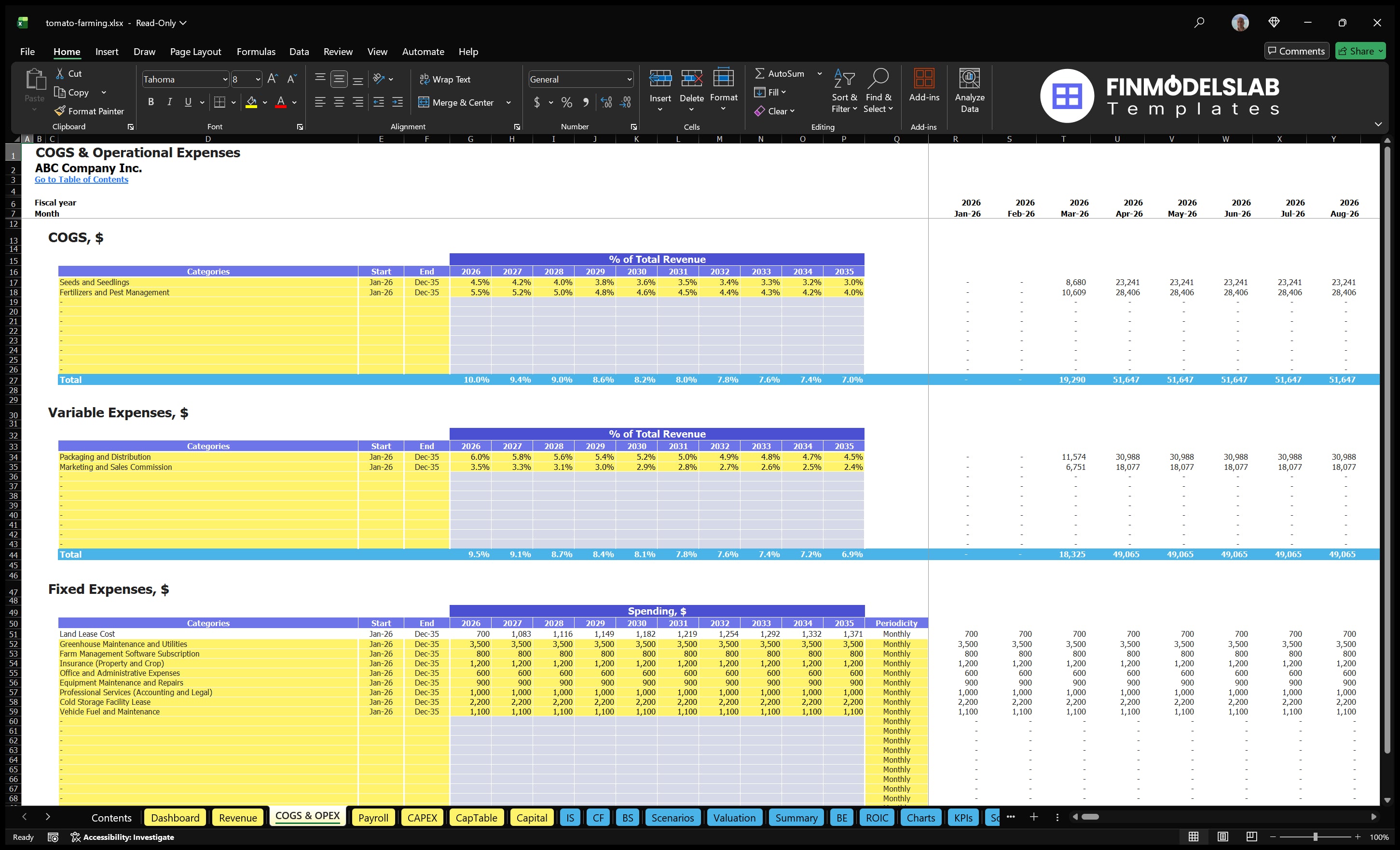 Worksheet COGS and OPEX for the cultivation of tomatoes with direct production costs, variable costs, fixed costs, schedule, expenditure and introduction in terms of periodicity