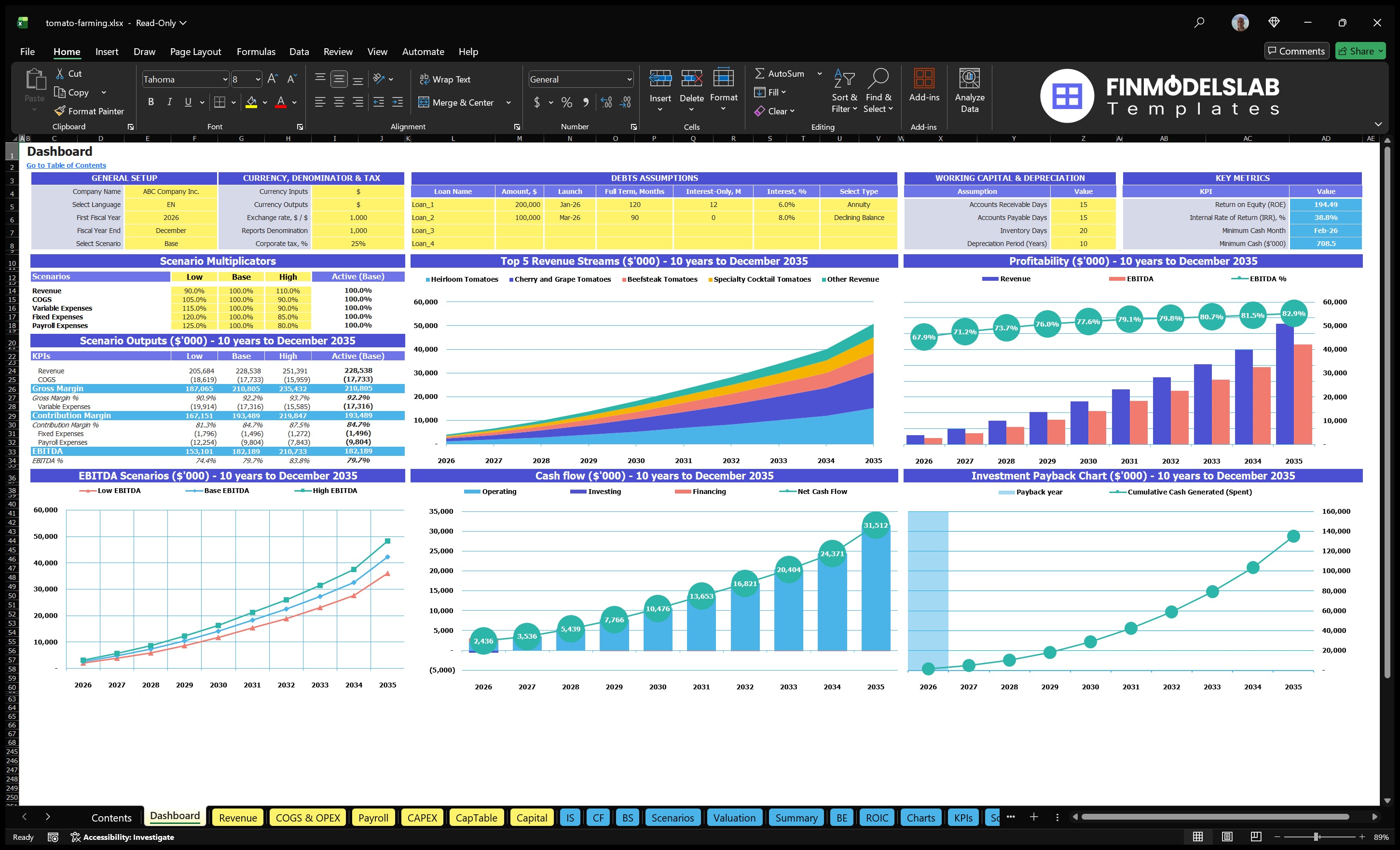 Dashboard for tomato cultivation with model setting, scenario results, mix of revenue, profitability, cash flow, EBITDA and return on investment charts