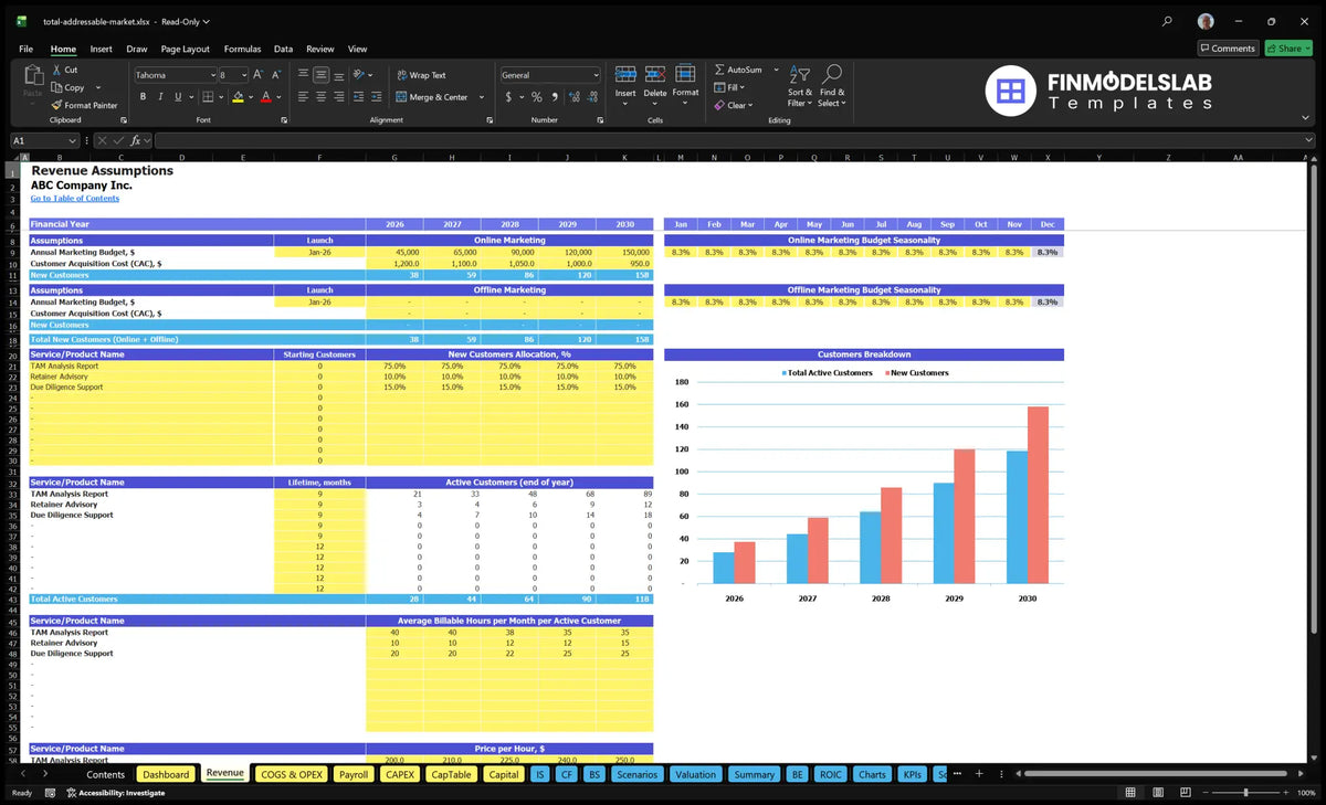 Revenue Establishment of a worksheet with marketing budget, customer acquisition costs, service allocation, customer lifetime, billing hours and hourly price