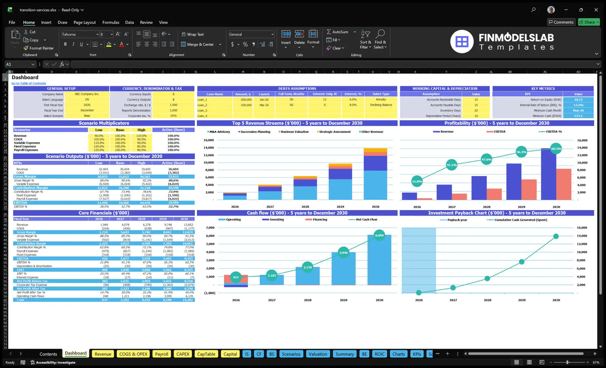 Business services Transition Services Dashboard with general configuration, scenario multipliers, basic finances, income mix, profitability, cash flow, cost reimbursement and key indicators
