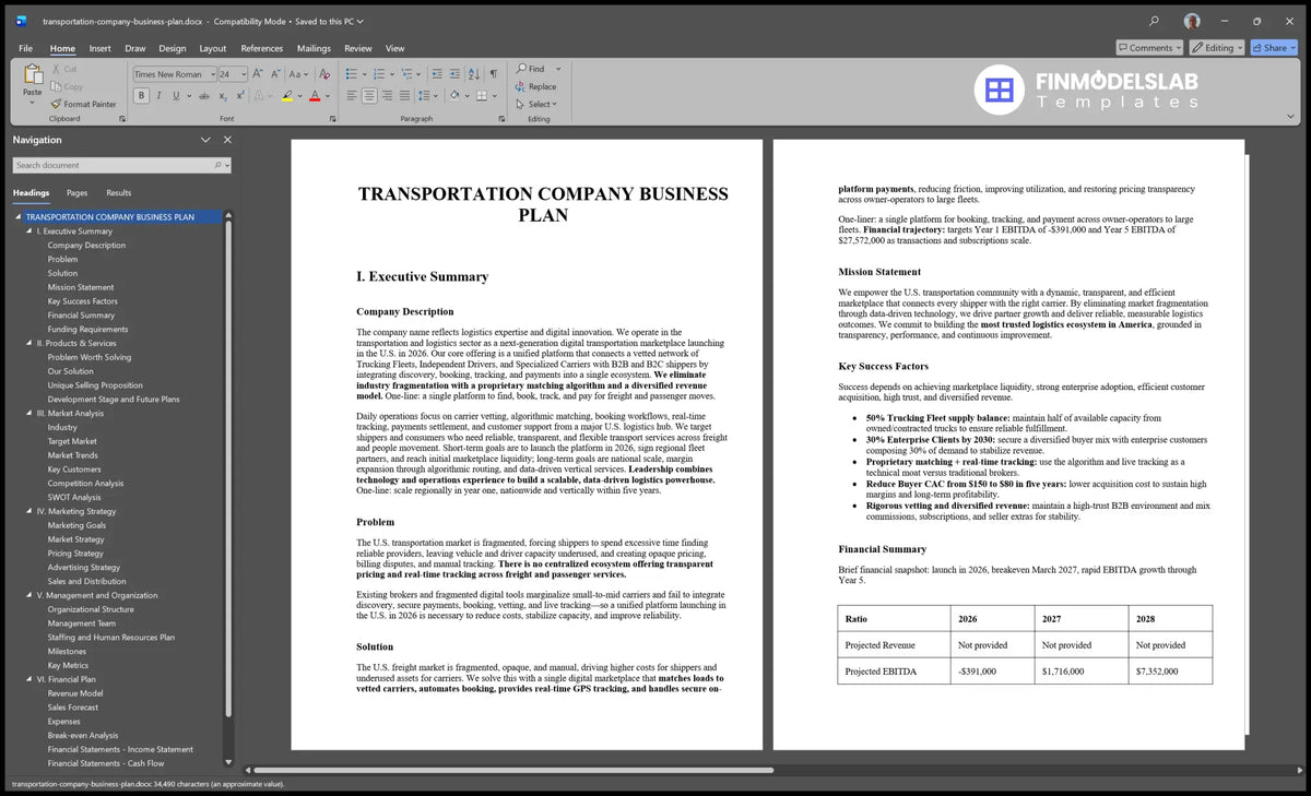 Transportation Company Business Plan Template with Forecasts