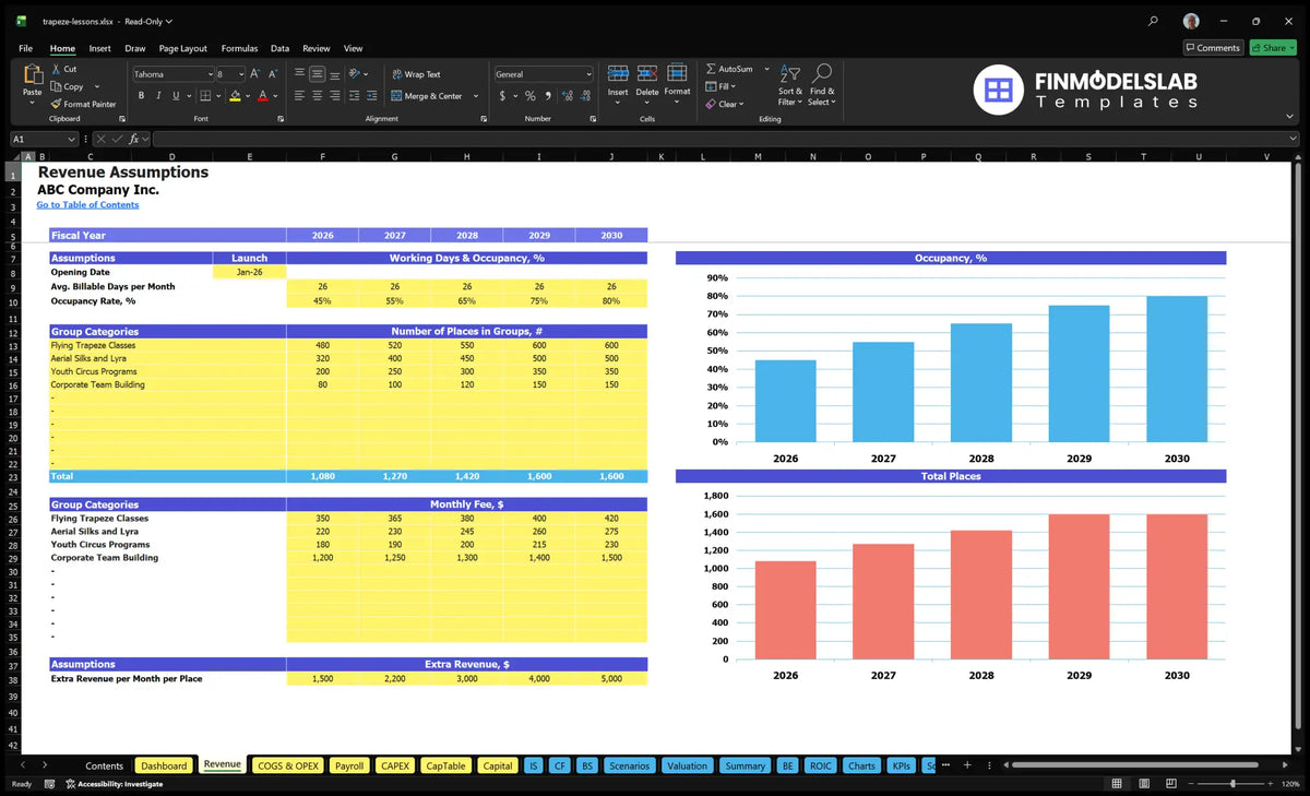 Revenue Assumption of the spreadsheet with the date of opening, planting, places by class group, monthly fees and additional revenue contributions