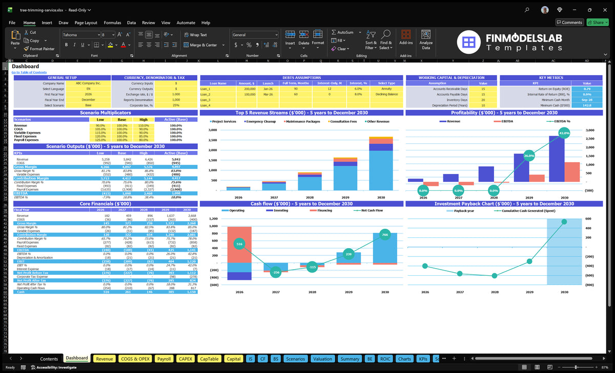 Table navigation desk for tree combinations, multiple scenarios, working capital assumptions, key indicators, mix of revenues, profitability, cash flow and return charts