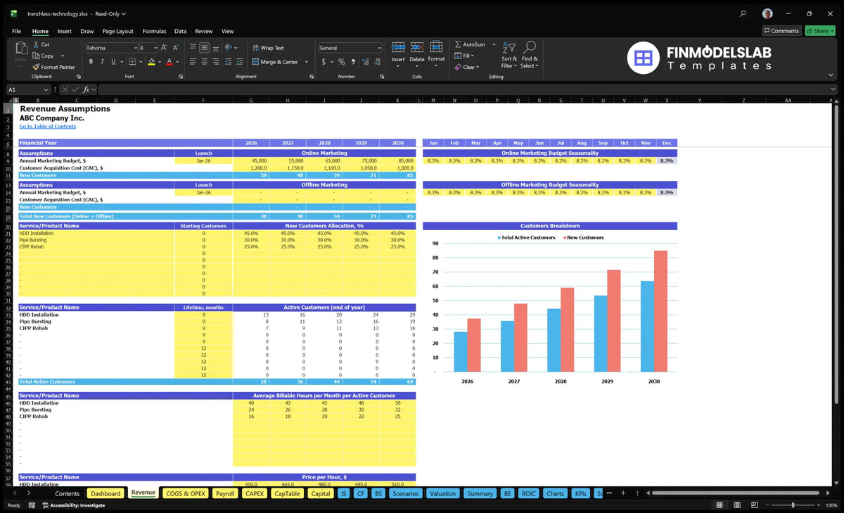 Revenues The establishment of worksheets showing marketing budgets, CAC, service allocation, customer lifetime, active customers, paid hours, hourly rates and customer distribution chart.