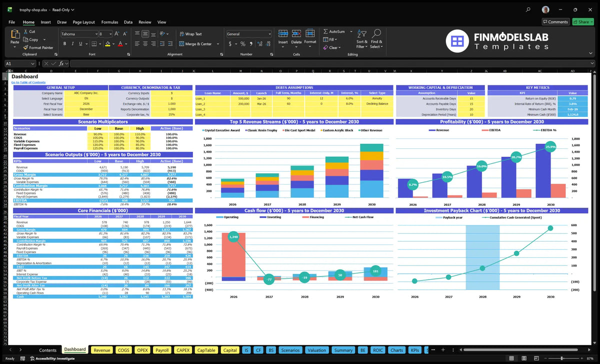 A navigational desktop worksheet showing general assumptions on configuration, debt and working capital, scenario multipliers, KPIs, revenue mix, profitability, cash flow and return charts.