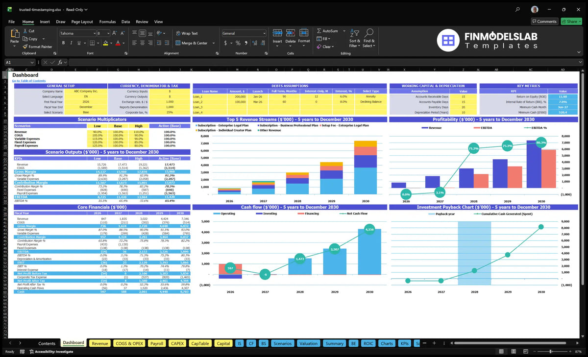 Trusted Timesstamping Service Financial Model Dashboard with configuration control, scenario outputs, revenue mix, profitability, cash flow and return charts
