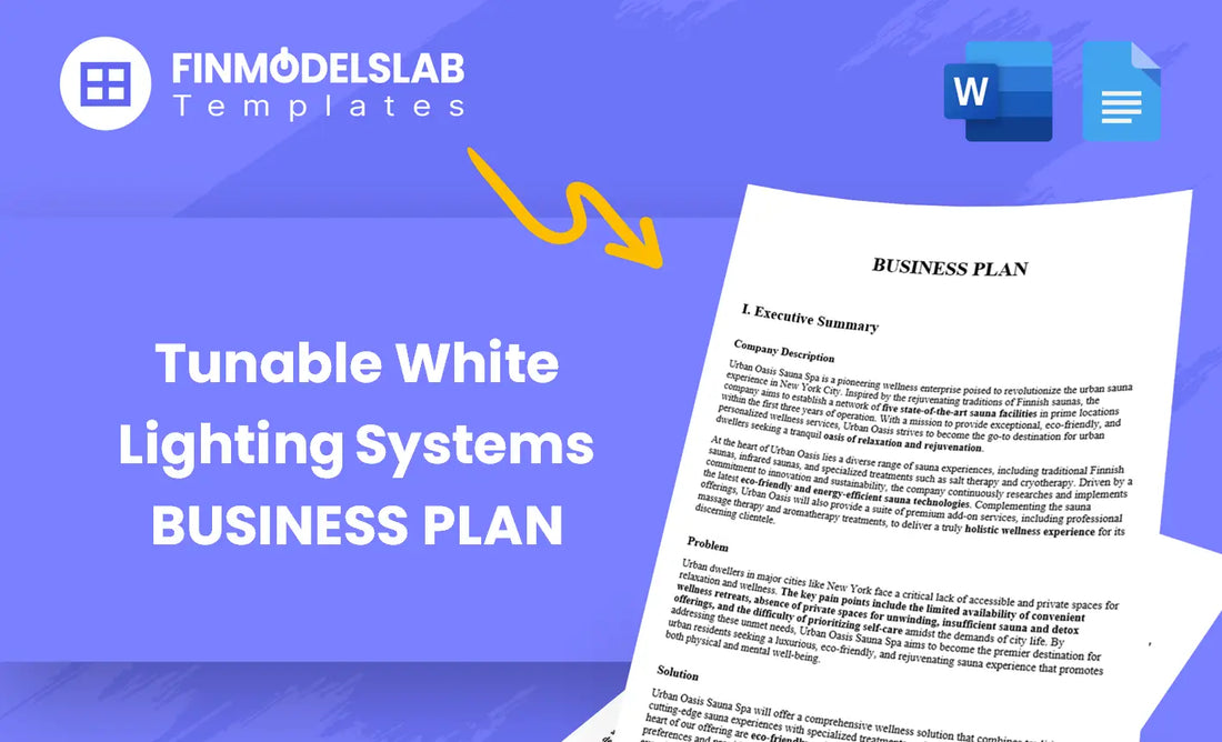 Tunable White Lighting Systems Business Plan - built for entrepreneurs and small manufacturers seeking investor-ready proposals; includes pre-written content, customizable in Word, high-level financial forecasts; saves time and meets lender/investor standards.