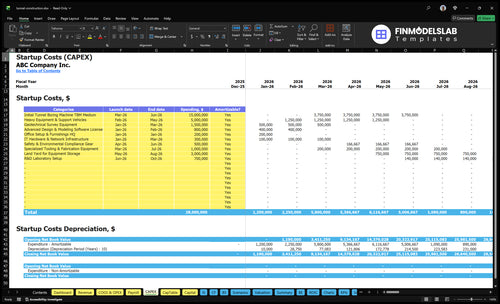 Tunnel Construction Financial Model capex inputs showing capital expenditure categories and timelines, letting users customize tunnel build costs, equipment, staging, and deployment schedules for accurate budgeting and scenario-ready forecasts.