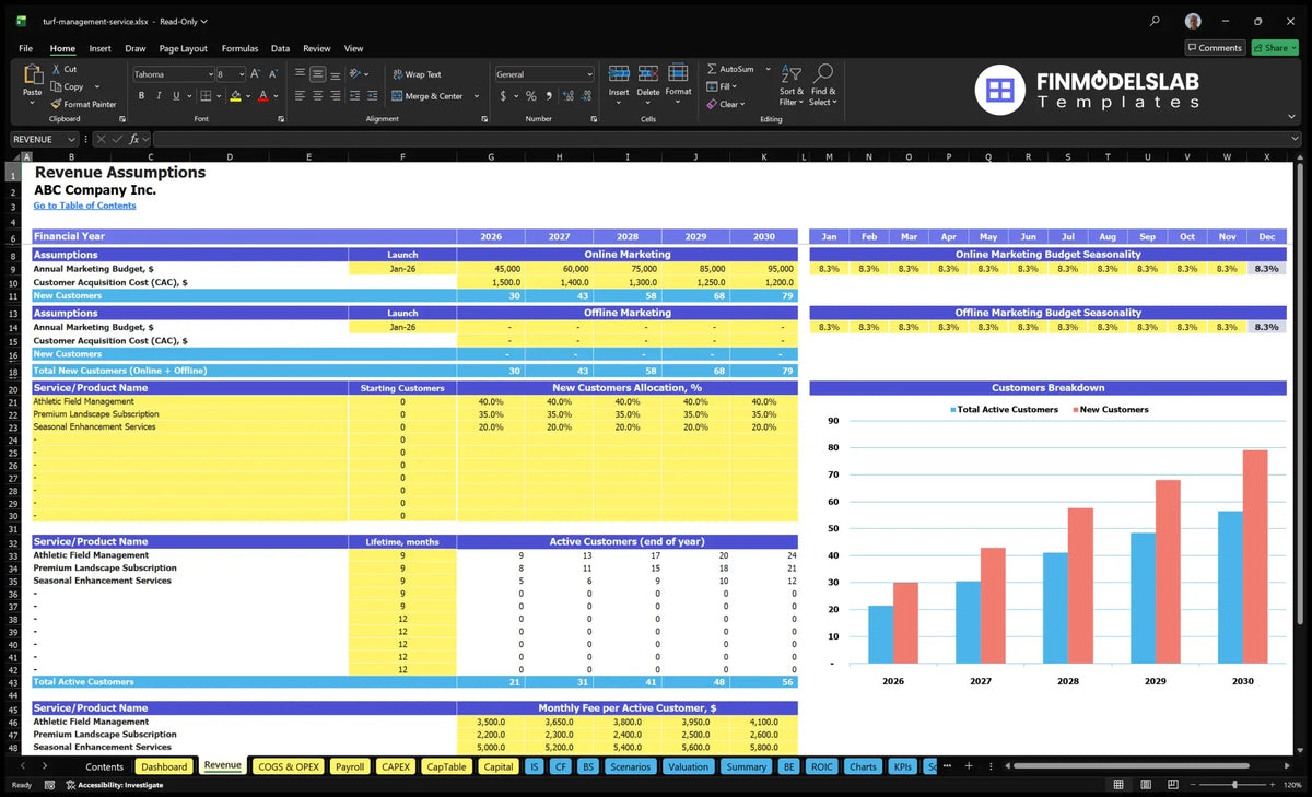 Revenues The establishment of worksheets showing marketing budgets, CAC, start-up customers, level allocation, customer viability, active customers, monthly fees and customer distribution chart.