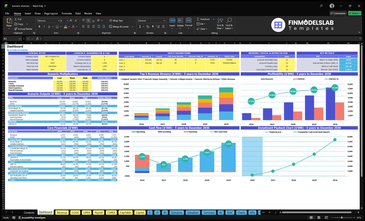 A worksheet of the navigation desk showing general settings, scenario multipliers, key indicators, revenue mix, profitability, basic finances, cash flow and return on investment.