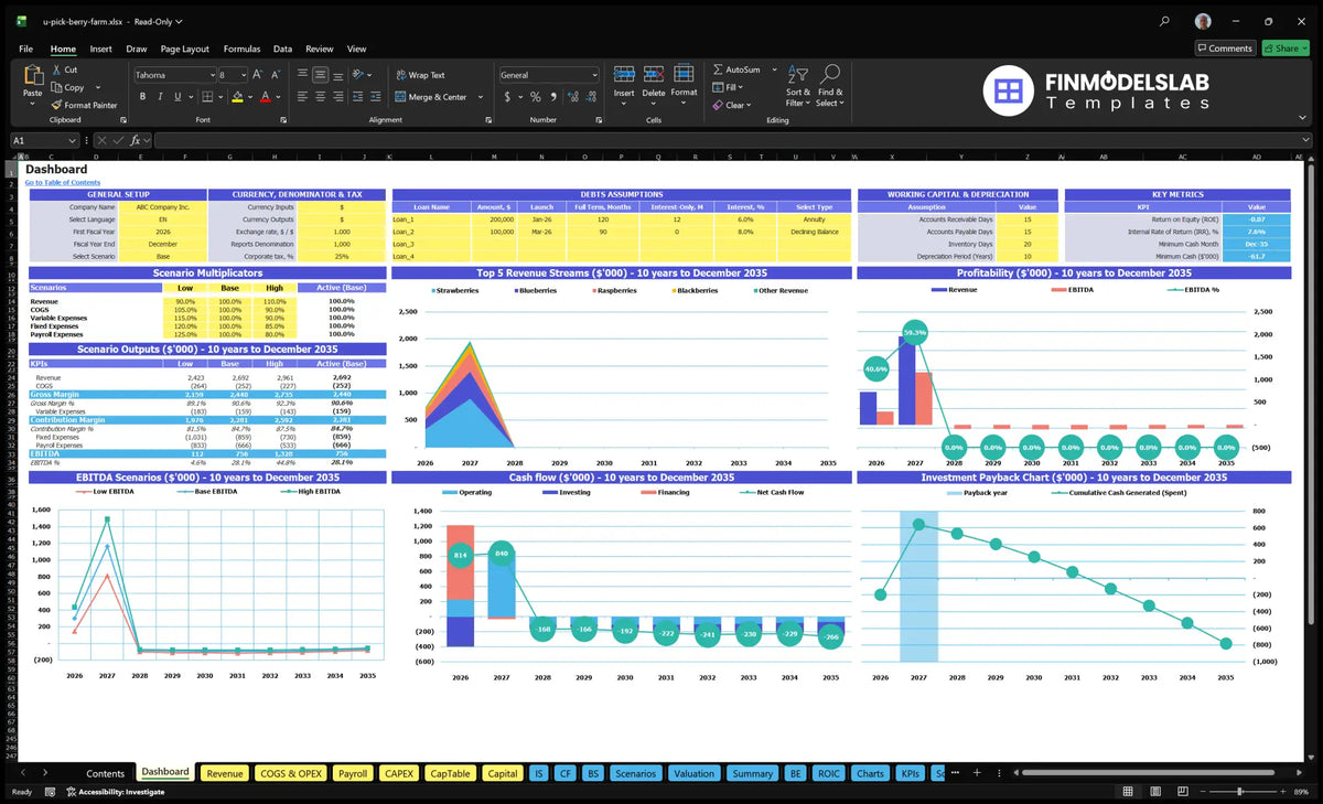 U-Pick Berry Farm Working Sheet Dashboard showing model settings, debt assumptions, scenario multipliers, KPIs, revenue mix, profitability, cash flow and return charts