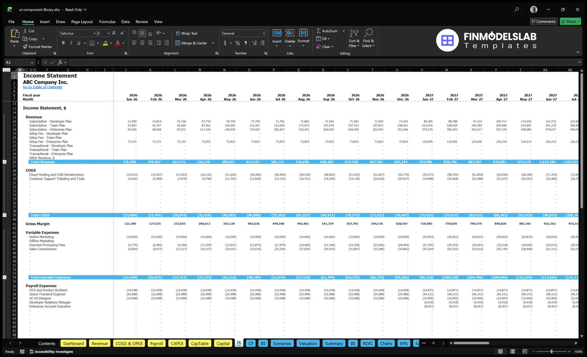 Ui Component Library Development Model - 219% IRR, $5M+ Rev