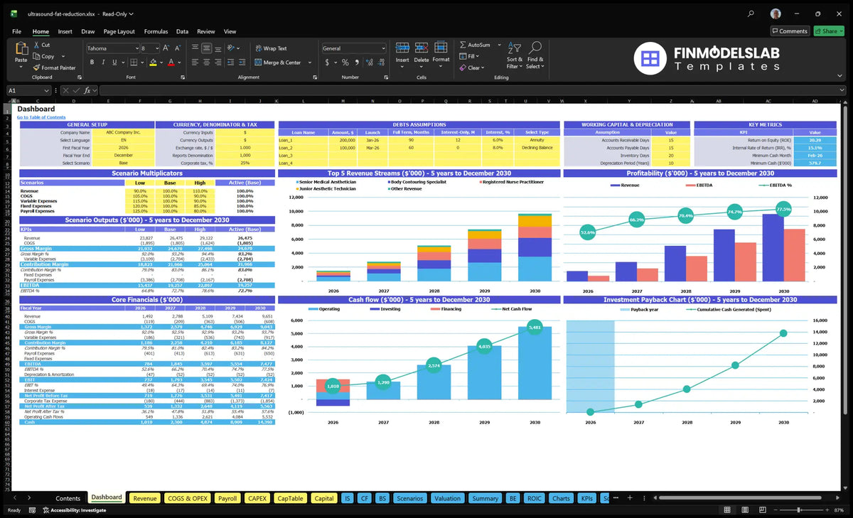 Scoreboard showing general orientations, multipliers of scenarios, debt and working capital assumptions, basic finances, income mix, profitability, cash flow and return charts