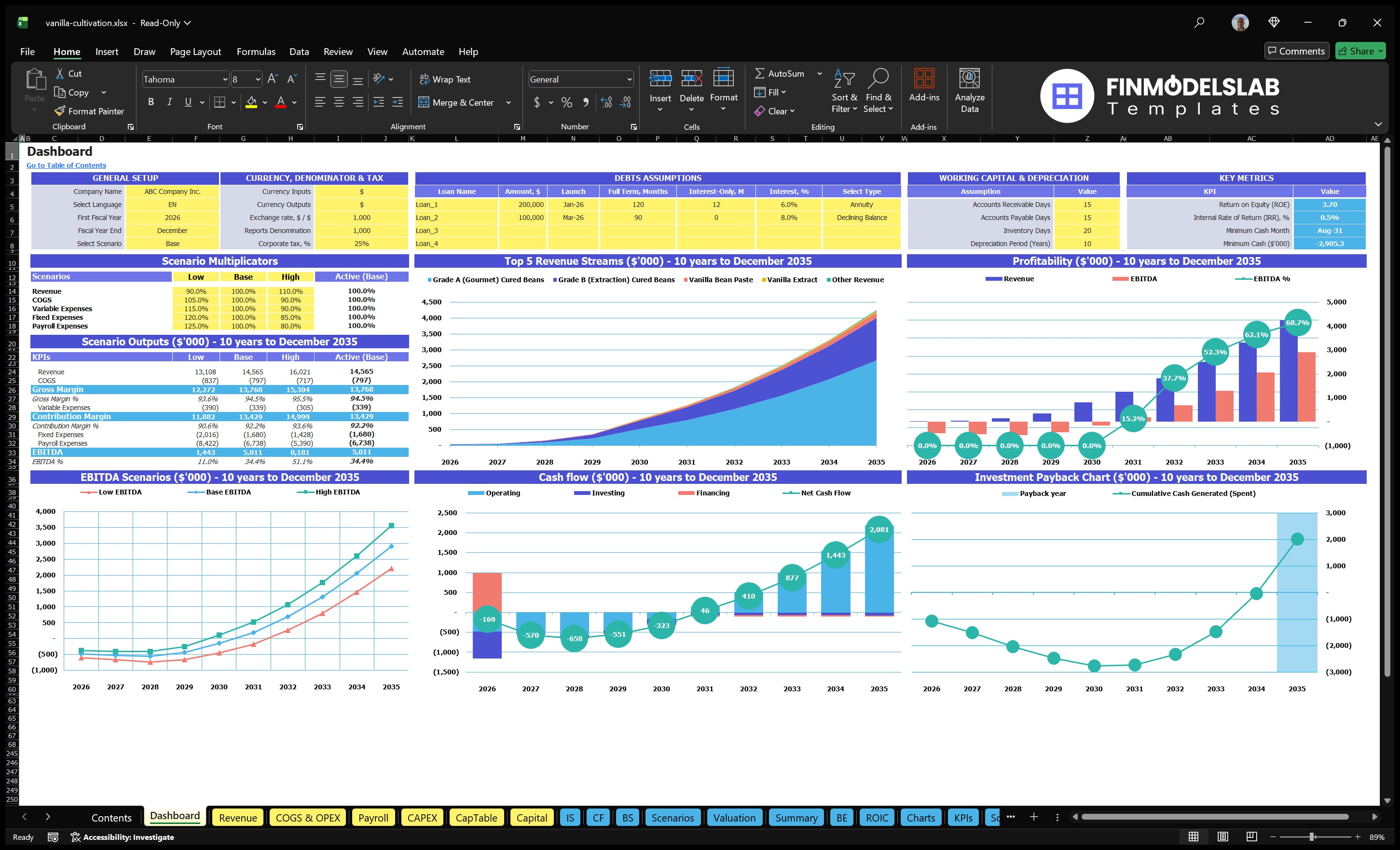 Vanilla Farming Financial Model Dashboard with scenario control, revenue mix, profitability, EBITDA, cash flow, return and key metrics.