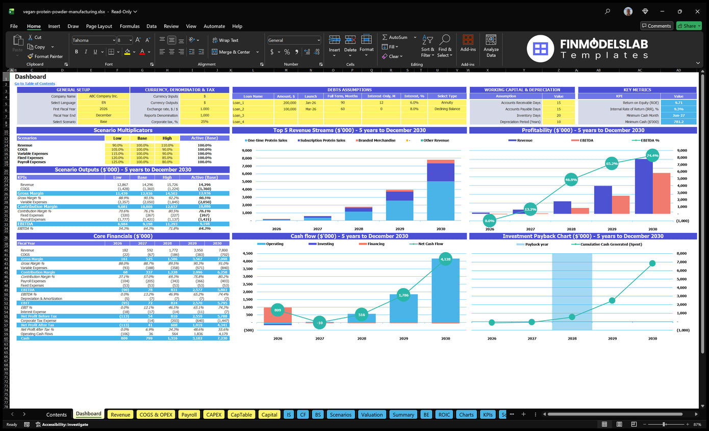 Vegan Protein Powder Financial Model Dashboard with configuration control, scenario multipliers, financial tables, revenue, profitability, cash flow and return charts