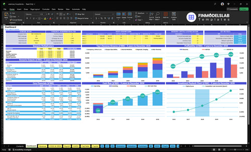 Veterinary Hospital Financial Model dashboard summarizes key KPIs, runway/cash and performance with a dynamic dashboard, highlighting cash-flow blind spots and investor-ready charts for reporting.