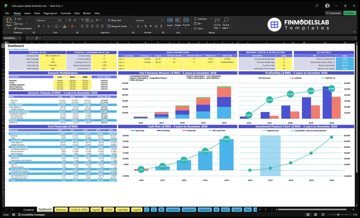 Table showing general positions, scenario multipliers, debt assumptions, working capital, key indicators, revenue streams, profitability, cash flow and return on investment
