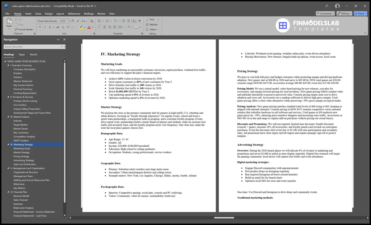 Video Game Retail Business Plan Template with Forecasts