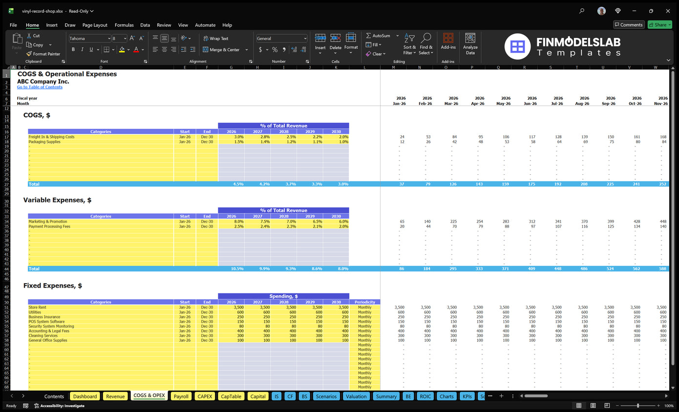Worksheet COGS and OPEX for the Vinyl Record Store financial model showing the percentages of direct costs, variable costs, fixed costs and monthly forecast.
