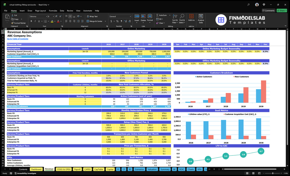 Virtual equipment for clothing Financial model Worksheet income with marketing assumptions, client's leak, plan levels, prices, configuration fees, entry into service and charts