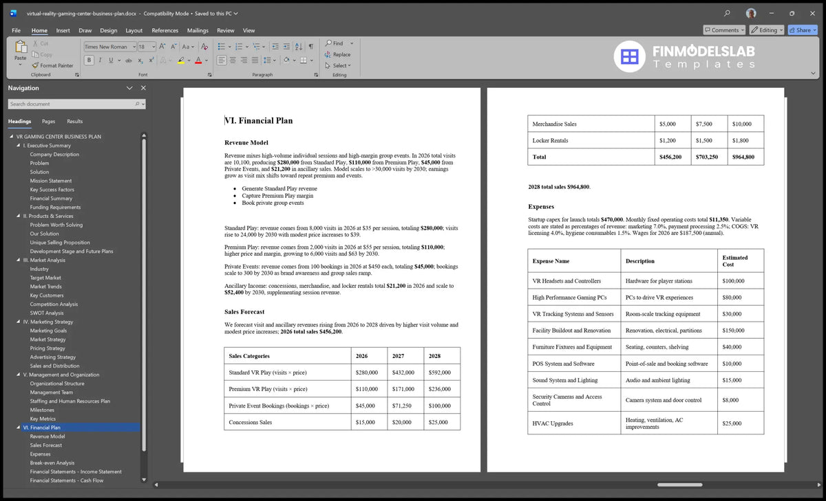 Vr Gaming Center Plan Template: 5-Year Forecasts, 2-Month Breakeven