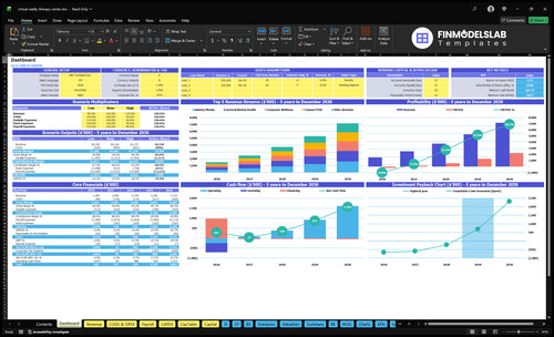 VR Therapy Center Financial Model dashboard summarizing key KPIs, runway and cash position with a dynamic dashboard showing revenue, expenses, margins and operational performance—investor-ready, user-friendly.