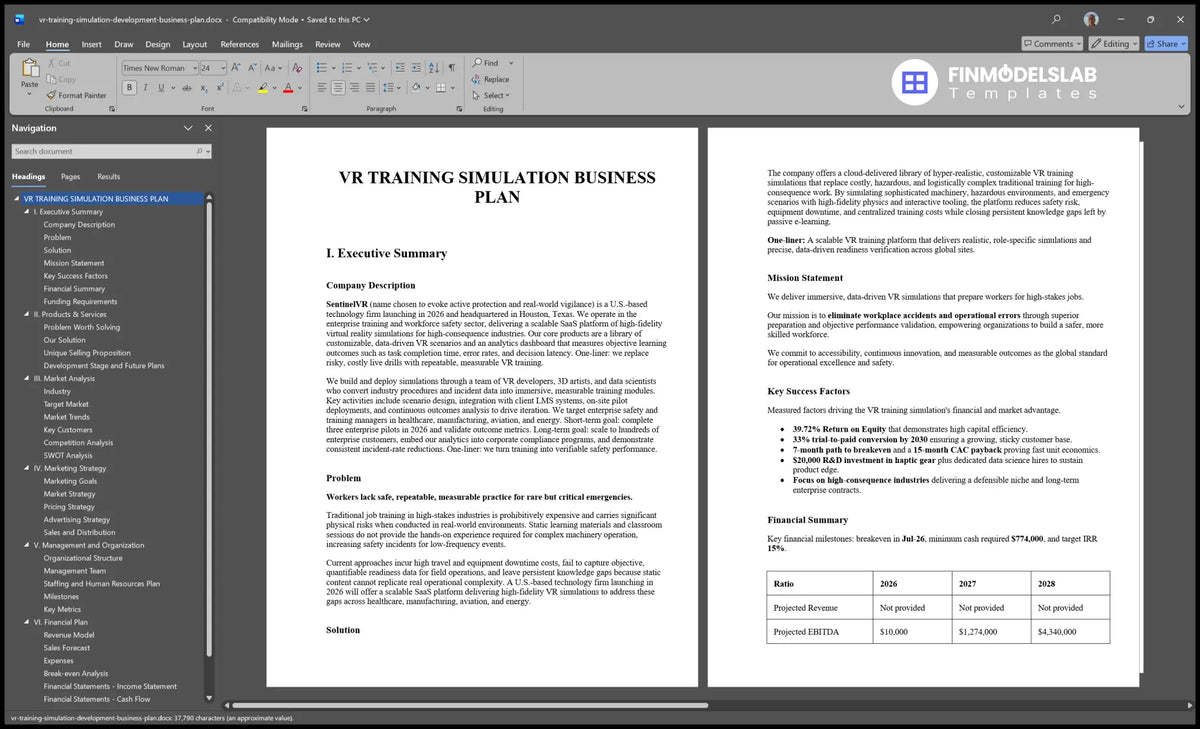 Vr Training Simulation Development Business Plan Template (Word)