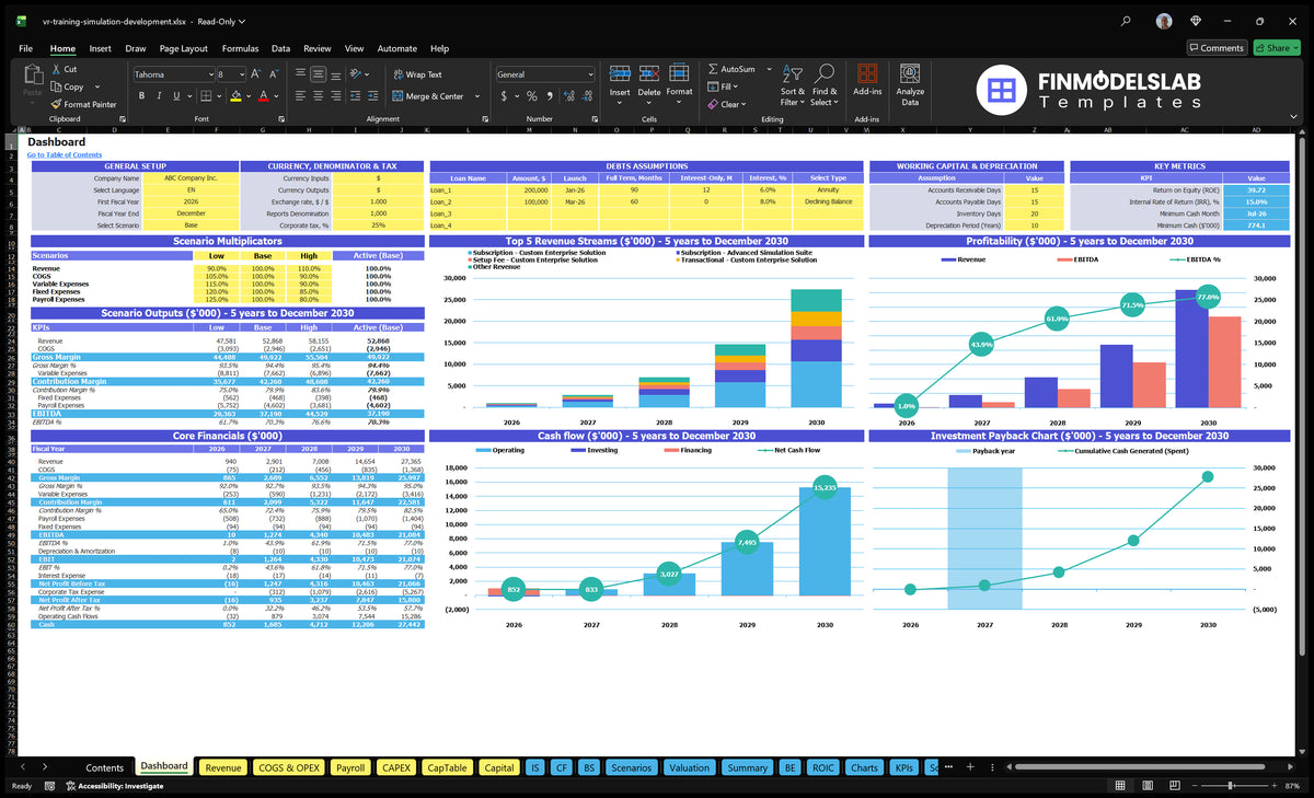 Vr Training Simulation Development Excel Financial Model for Startups