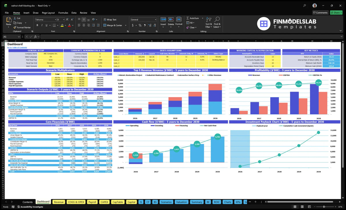 Worksheet of the navigation desktop showing configuration controls, scenario multipliers, KPIs, revenue mix, profitability, cash flow, basic finance and return on investment.