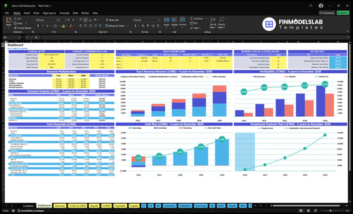 Walnut Shell Blasting Service Financial Model dashboard summarizes key KPIs, runway and cash position with a dynamic dashboard showing performance, charts and investor-ready metrics to fix cash-flow blind spots